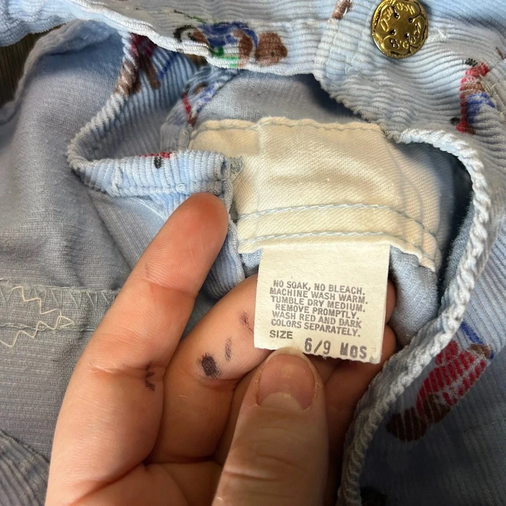OshKosh B'gosh Overalls Baby 6/9M Blue Bear Print Corduroy Vintage USA Vestbak